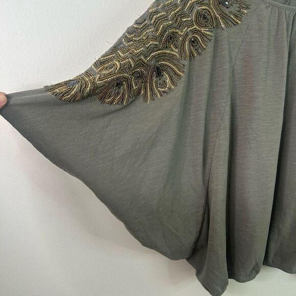 Vanessa Virginia M/L Gray Beaded Batwing Top Boho Embellished Cotton Glam - Picture 4 of 13